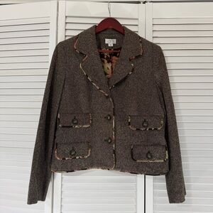 Ann Taylor LOFT Brown Tweed Blazer Floral Trim Size 10 Wool Silk